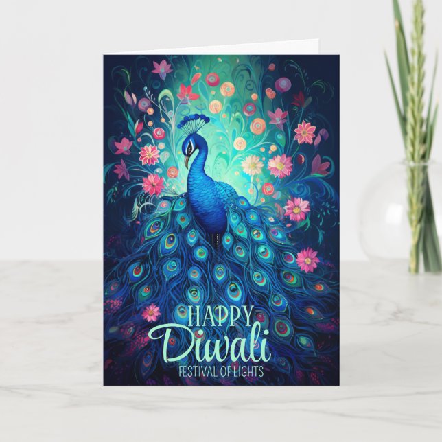 Cartes Pour Fêtes Annuelles Joyeux Diwali Festival des lumières Peacock (Devant)