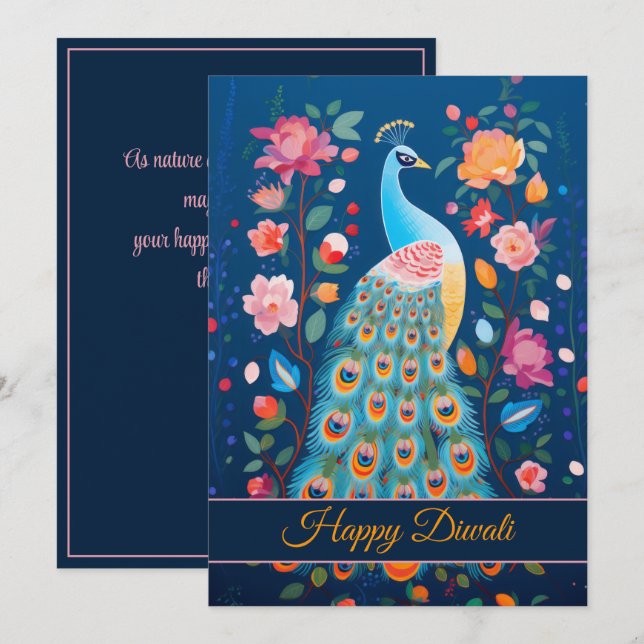 Cartes Pour Fêtes Annuelles Joyeux Diwali Peacock & Flowers (Devant / Derrière)