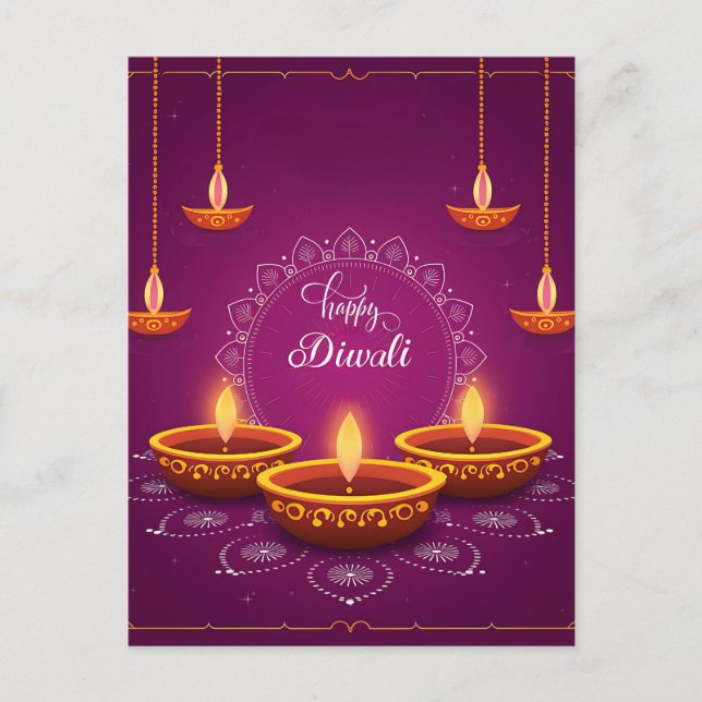 Cartes Pour Fêtes Annuelles Joyeux Diwali Rangoli Diya Festival de lumière vio (Devant)