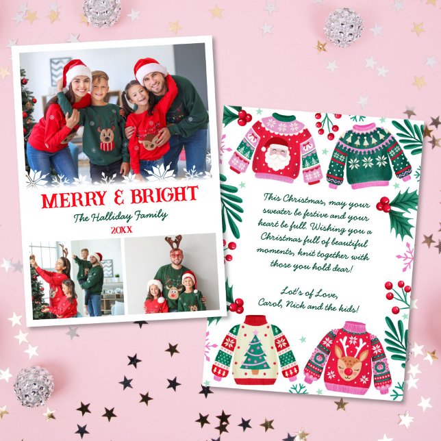 Cartes Pour Fêtes Annuelles Joyeux et brillant collage photo Sweater de Noël (3 Photo Collage Ugly Sweater Christmas Holiday Card)