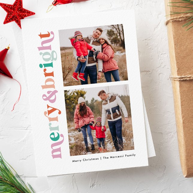 Cartes Pour Fêtes Annuelles Joyeux et brillant moderne Whimsical 2-Photo ("merry and bright" whimsical typography 2 photo holiday card)
