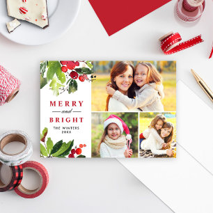 Cartes Pour Fêtes Annuelles Joyeux et brillant rouge Aquarelle verte Photo