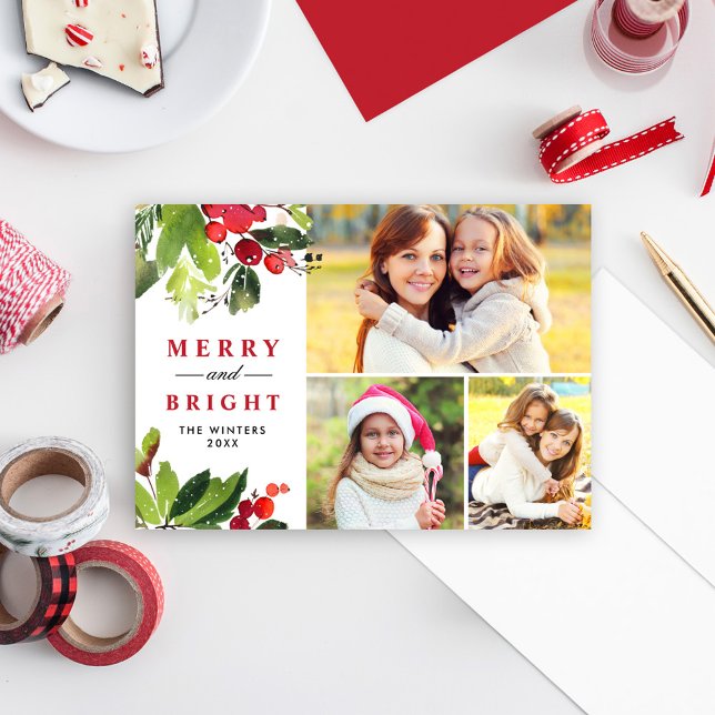 Cartes Pour Fêtes Annuelles Joyeux et brillant rouge Aquarelle verte Photo (Créateur téléchargé)
