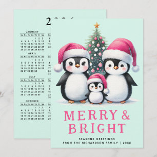 Cartes Pour Fêtes Annuelles Joyeux et brillants pingouins Famille Pink Mint No