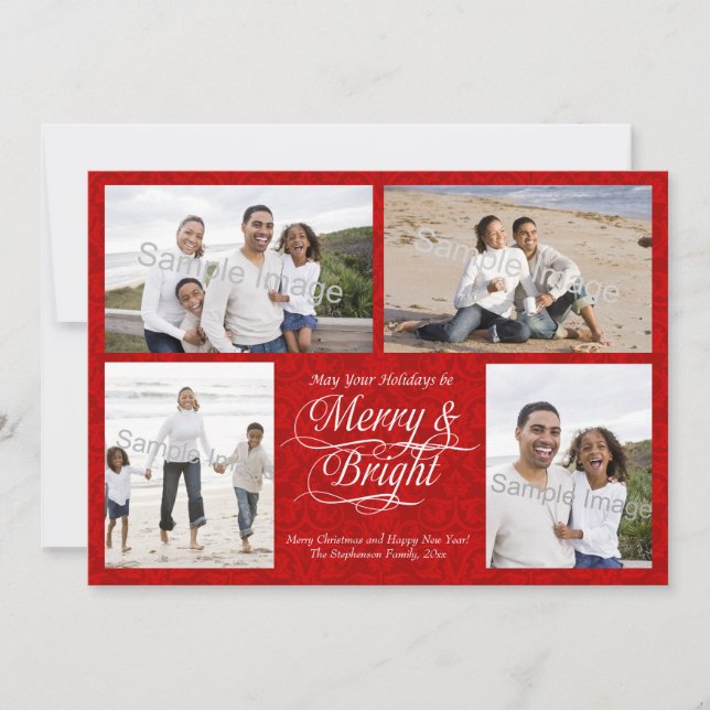Cartes Pour Fêtes Annuelles Joyeux et lumineux, Damas rouge (Devant)