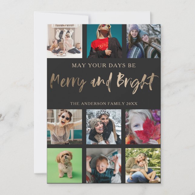 Cartes Pour Fêtes Annuelles Joyeux et lumineux Faux Gold 9 Photo Noël (Devant)