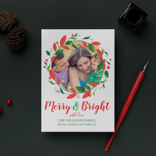 Cartes Pour Fêtes Annuelles Joyeux et lumineux | Holly Wreath Joyeuse Une Phot (Créateur téléchargé)