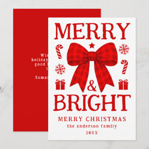 Cartes Pour Fêtes Annuelles Joyeux et Lumineux Noël avec Ruban Gingham Rouge