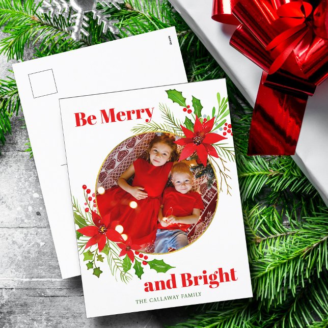 Cartes Pour Fêtes Annuelles Joyeux et lumineux Noël Poinsettia Photo de famill (Créateur téléchargé)
