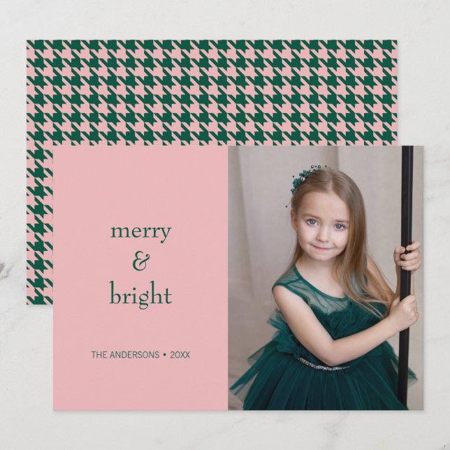 Cartes Pour Fêtes Annuelles Joyeux et lumineux Noël Vert et rose photo (Devant / Derrière)