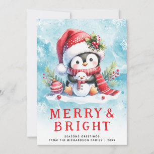 Cartes Pour Fêtes Annuelles Joyeux et lumineux pingouin bleu rouge Noël