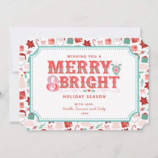 Cartes Pour Fêtes Annuelles Joyeux et lumineux | Rose et Rouge Holly (Devant)