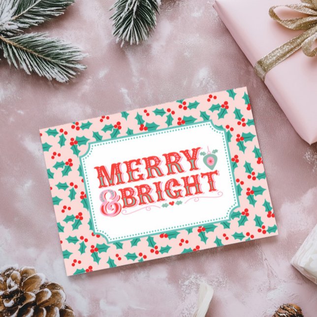 Cartes Pour Fêtes Annuelles Joyeux et lumineux | Rose et Rouge Holly (Créateur téléchargé)
