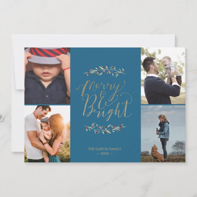 Cartes Pour Fêtes Annuelles Joyeux et lumineux Turquoise Photo Collage Noël (Devant)