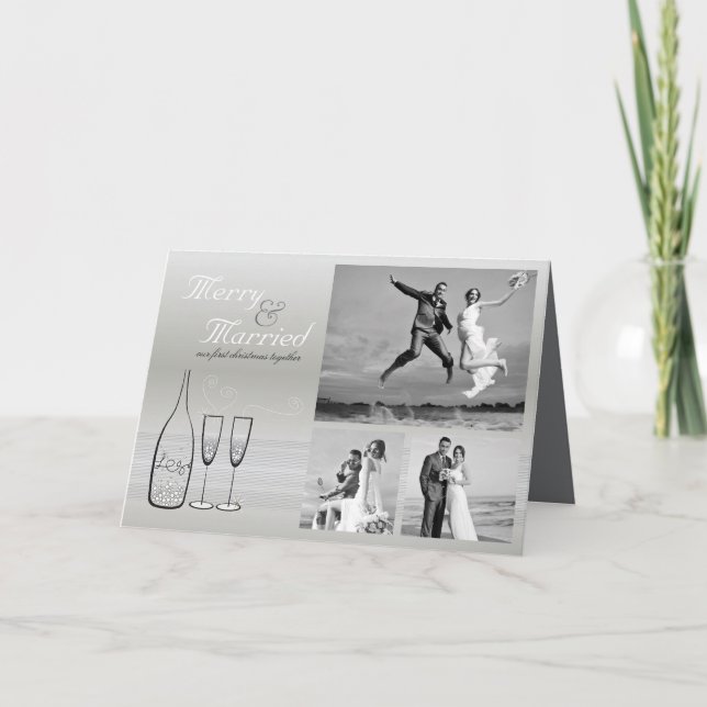 Cartes Pour Fêtes Annuelles Joyeux Et Marié Champagne D'Argent 3 Mariage Photo (Devant)