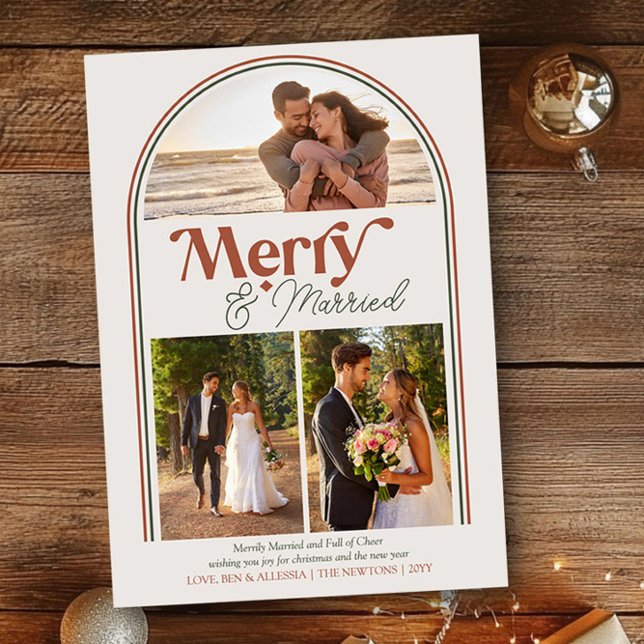 Cartes Pour Fêtes Annuelles Joyeux et marié photo gravée collage Noël (Merry & Married Christmas Photo Card by Darling & May)