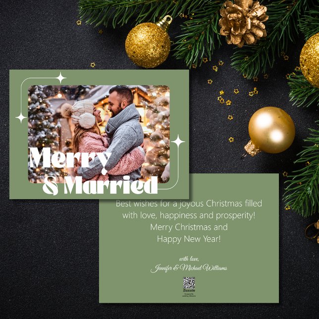Cartes Pour Fêtes Annuelles joyeux et marié photo mariage retro vert (Créateur téléchargé)