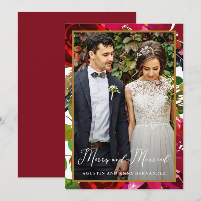 Cartes Pour Fêtes Annuelles Joyeux et marié Rouge Floral voeux (Devant / Derrière)
