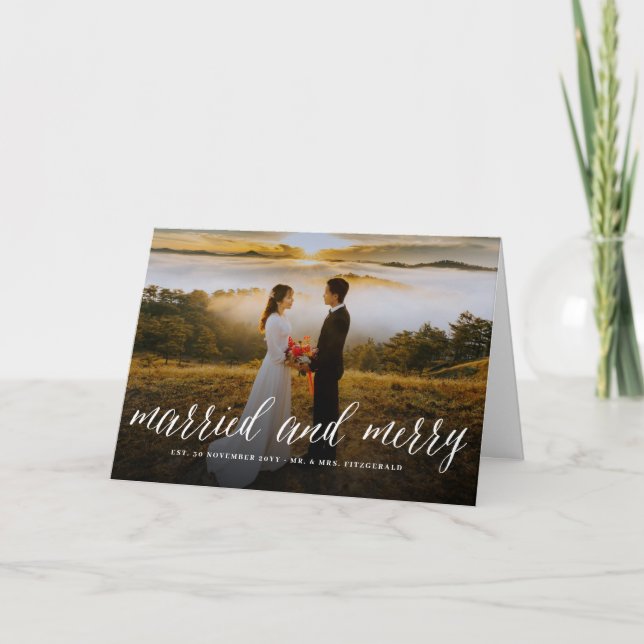 Cartes Pour Fêtes Annuelles Joyeux Et Marié Simple Script Photo Mariage (Devant)