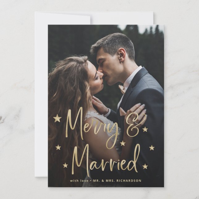 Cartes Pour Fêtes Annuelles Joyeux et mariés | Étoiles de script et photo (Devant)
