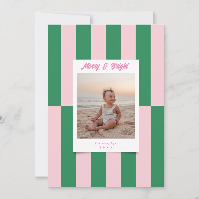 Cartes Pour Fêtes Annuelles Joyeux et rose vif et rayures vertes modernes (Devant)