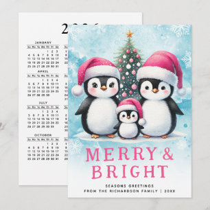 Cartes Pour Fêtes Annuelles Joyeux et rose vif pingouins