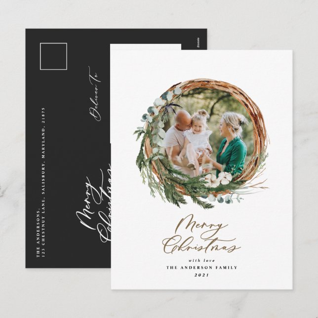 Cartes Pour Fêtes Annuelles Joyeux feuillage moderne wreath script holi (Devant / Derrière)