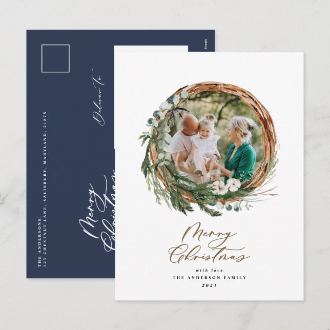 Cartes Pour Fêtes Annuelles Joyeux feuillage moderne wreath script holi (Devant / Derrière)