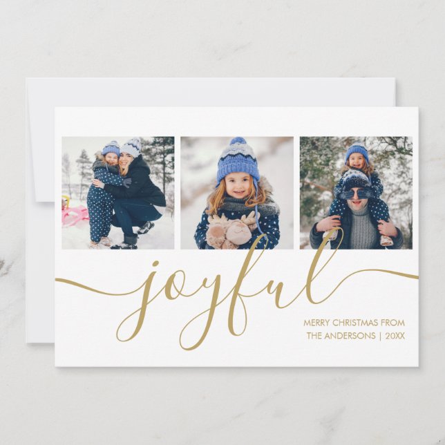 Cartes Pour Fêtes Annuelles Joyeux Gold Script 3 Photo Noël (Devant)