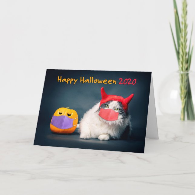 Cartes Pour Fêtes Annuelles Joyeux Halloween 2020 Chat et citrouille avec masq (Devant)