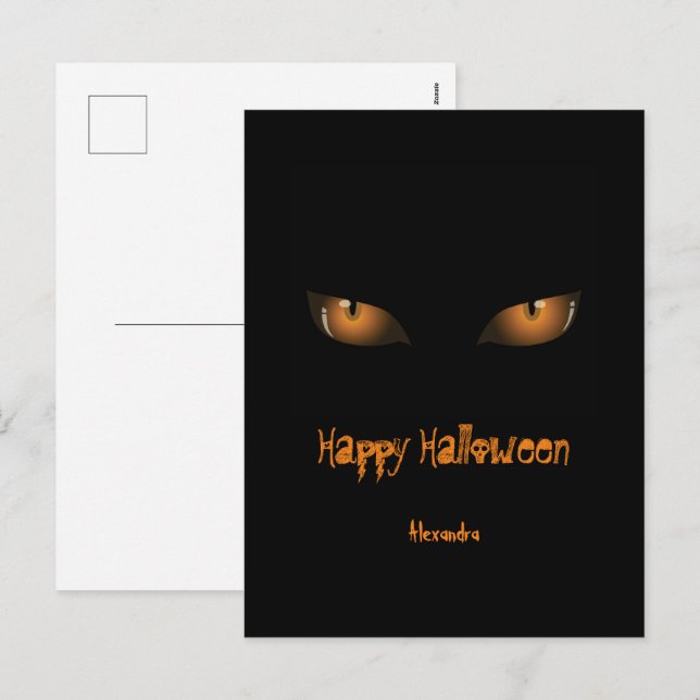 Cartes Pour Fêtes Annuelles Joyeux Halloween | Black Orange Cat Eyes (Devant / Derrière)