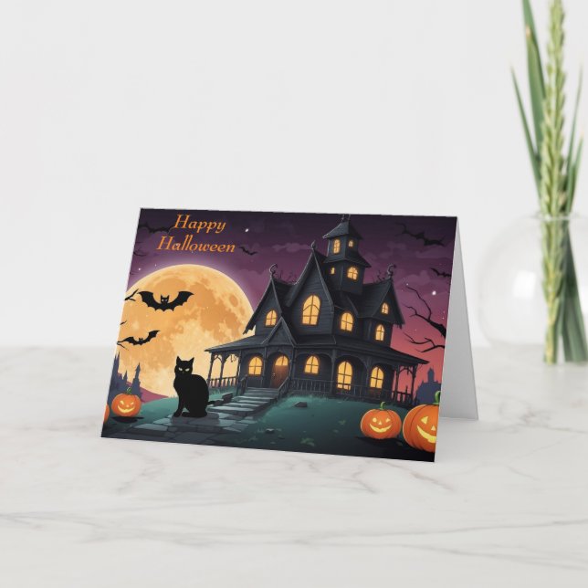 Cartes Pour Fêtes Annuelles Joyeux Halloween Chat Noir et Maison Hantée  (Devant)