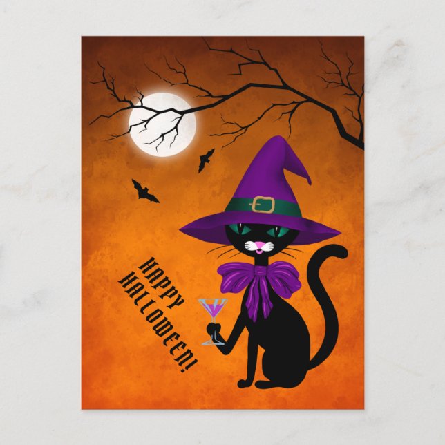 Cartes Pour Fêtes Annuelles Joyeux Halloween Chat noir pourpre sorcière Casque (Devant)