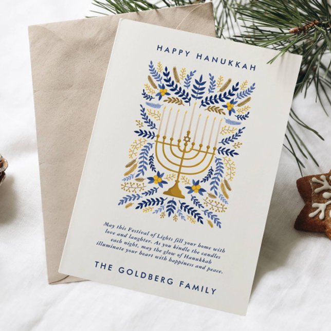 Cartes Pour Fêtes Annuelles Joyeux Hanoukka Festive Aquarelle Menorah Floral (Elegant jewish holiday greeting card with two line of custom text and space for a message)