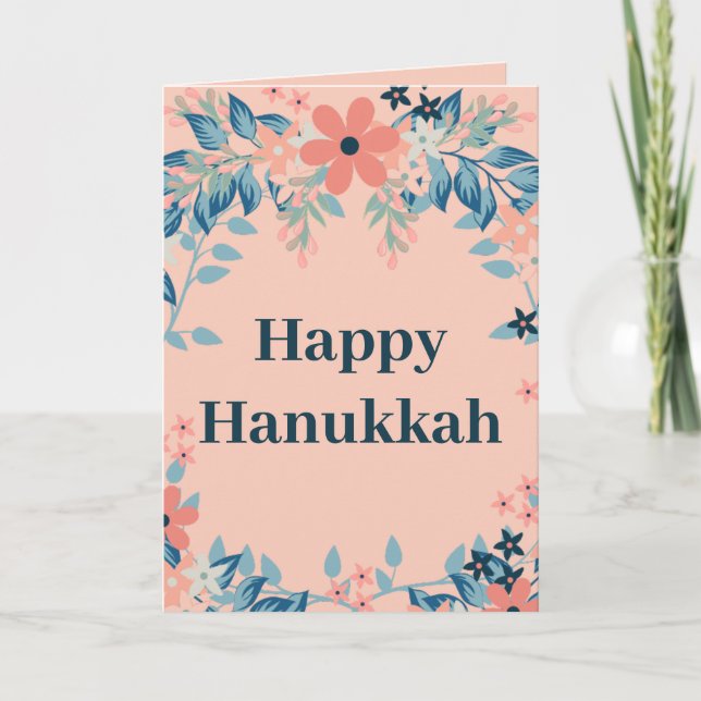 Cartes Pour Fêtes Annuelles Joyeux Hanoukka Floral rose et bleu (Devant)
