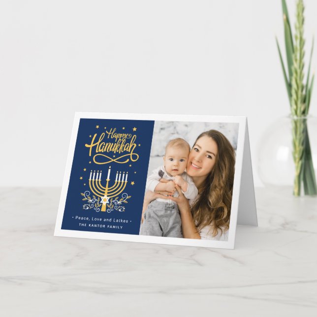 Cartes Pour Fêtes Annuelles Joyeux Hanukkah Paix Amour Latkes Lumières Photo (Devant)