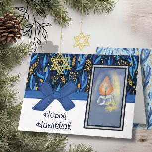 Cartes Pour Fêtes Annuelles Joyeux Hanukkah Riche Feuillage Bleu & Or et Chand