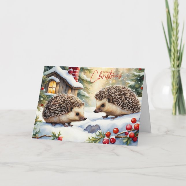 Cartes Pour Fêtes Annuelles Joyeux hérissons d'aquarelle de Noël en forêt (Devant)