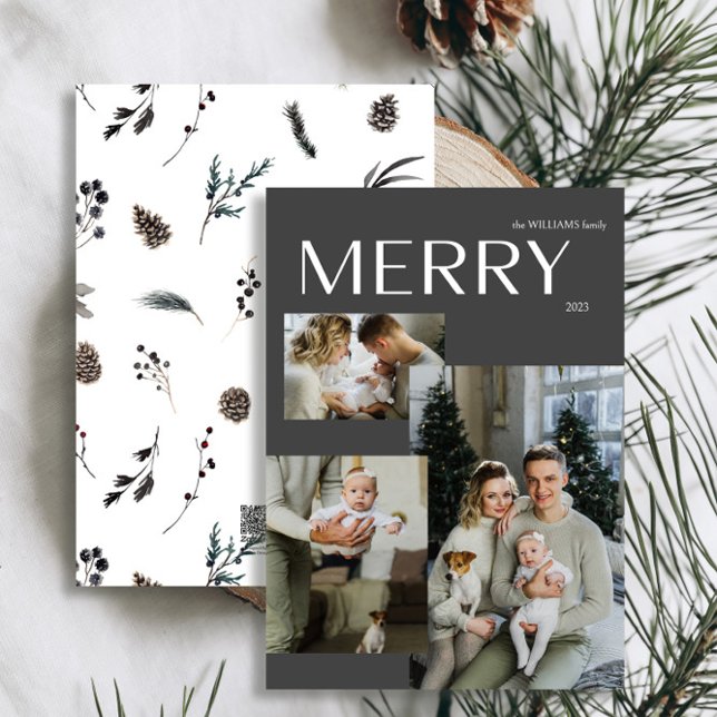 Cartes Pour Fêtes Annuelles Joyeux hiver 3 Photo Aquarelle Noire moderne (Personalize this Holiday Card easily with your name and photo!)