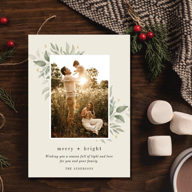 Cartes Pour Fêtes Annuelles Joyeux hiver Botanique Bright Photo Noël (Winter Botanical Merry Bright Photo Christmas Holiday Card)