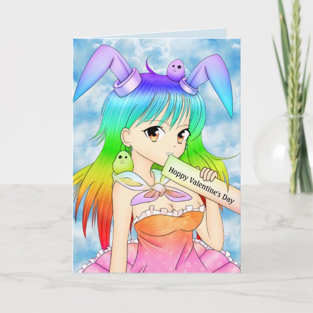 Cartes Pour Fêtes Annuelles Joyeux 'Hoppy' Valentine's Day Anime Bunny (Devant)