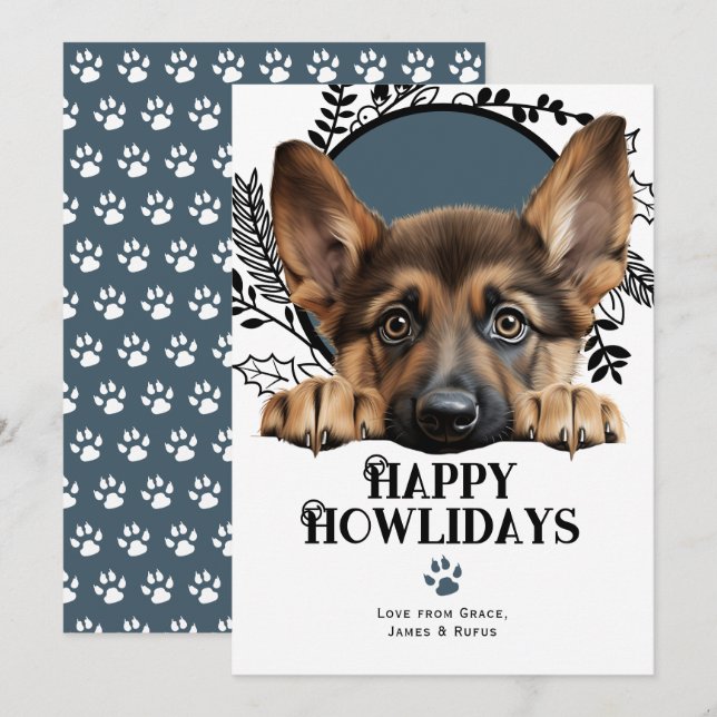 Cartes Pour Fêtes Annuelles Joyeux Howlidays Allemand Berger Chien Noël (Devant / Derrière)