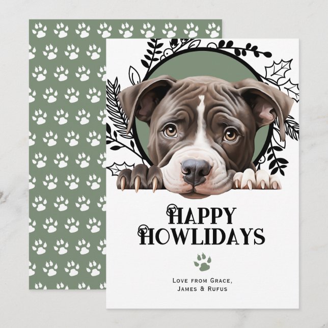Cartes Pour Fêtes Annuelles Joyeux Howlidays American Pit Bull Dog Noël (Devant / Derrière)