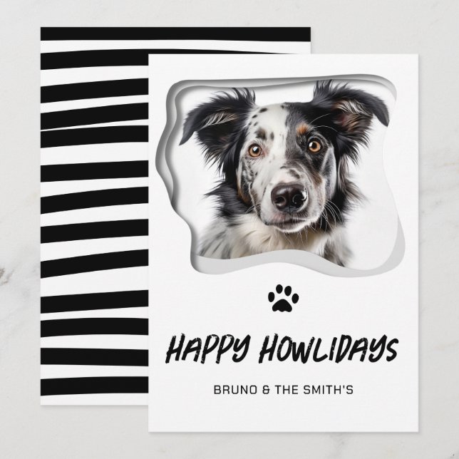 Cartes Pour Fêtes Annuelles Joyeux Howlidays mignon Chien blanc noir Noël (Devant / Derrière)