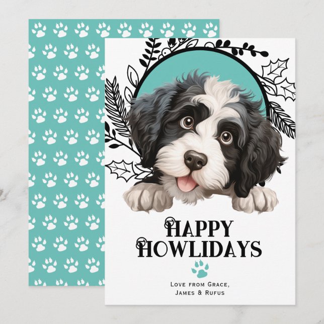 Cartes Pour Fêtes Annuelles Joyeux Howlidays Portugais Water Dog Noël (Devant / Derrière)