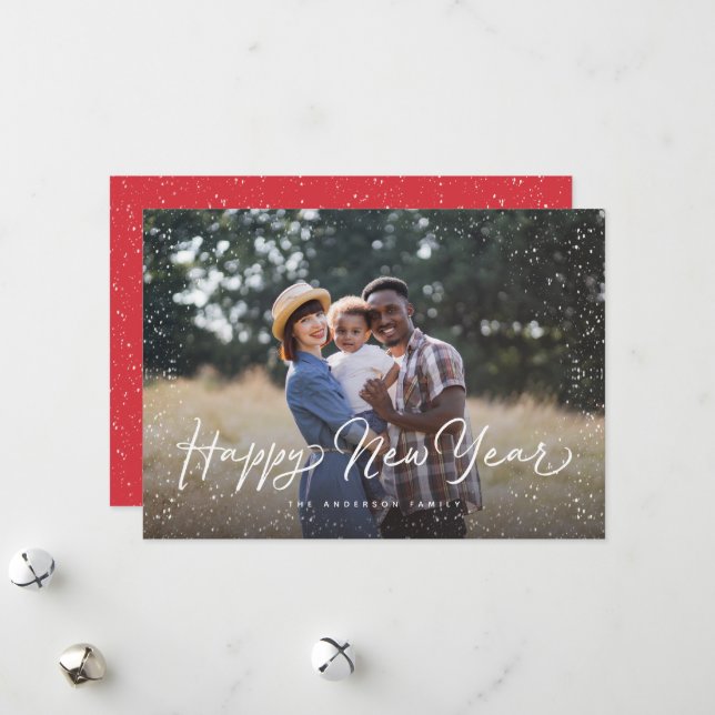 Cartes Pour Fêtes Annuelles Joyeux Jour de l'année Script photo neige (Devant/Arrière en situation)