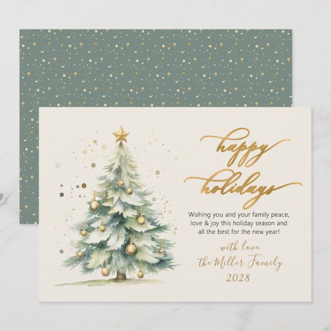 Cartes Pour Fêtes Annuelles Joyeux Jours de vacances Script Aquarelle Arbre de (Devant / Derrière)