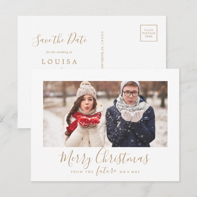 Cartes Pour Fêtes Annuelles Joyeux Joyeux Joyeux Noël d'or minimum Enregistrer (Devant / Derrière)