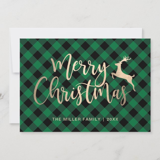 Cartes Pour Fêtes Annuelles Joyeux Joyeux Noël Or Noir & Vert Plaid (Devant)