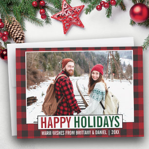 Cartes Pour Fêtes Annuelles Joyeux Joyeux Vacances Moderne Photo Rouge Plaid